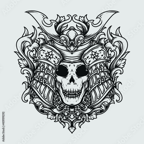 tattoo and t-shirt design black and white hand drawn samurai skull engraving ornament