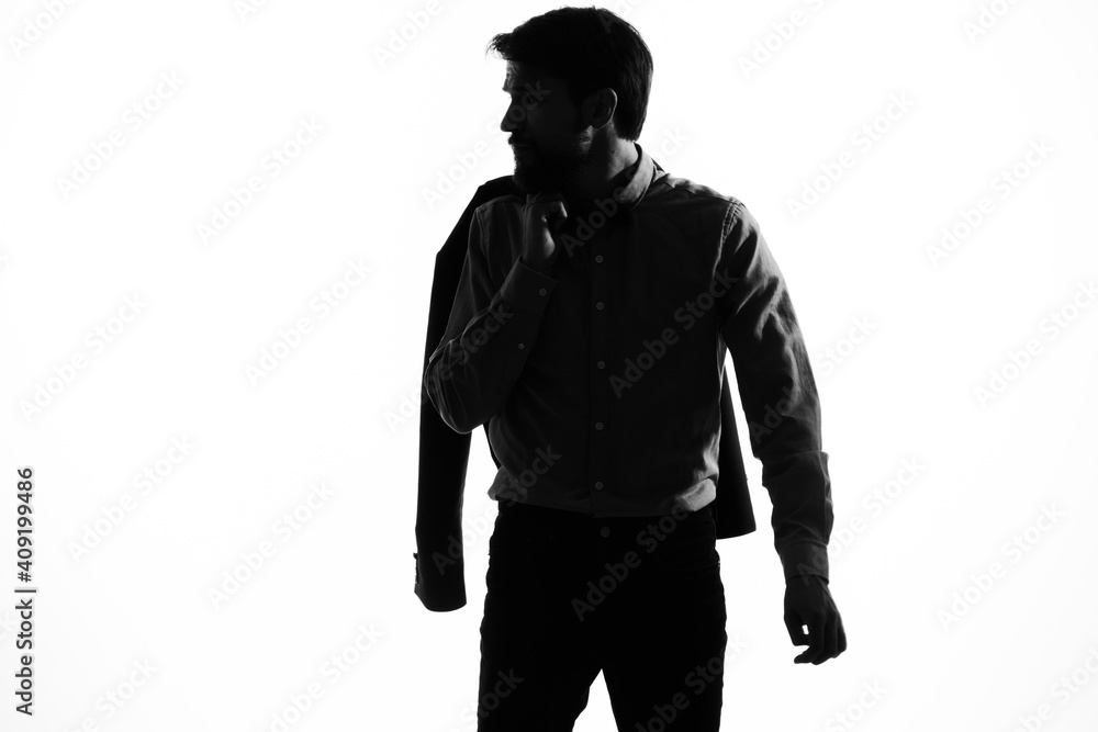 man in a suit holding a jacket in his hands emotions profile silhouette shadow man in a suit holding a jacket in his hands emotions profile silhouette shadow