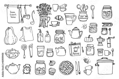 Line sketch of flowers in pots, home decor. Drawing vector black. Dishes, cups, food, kitchen
