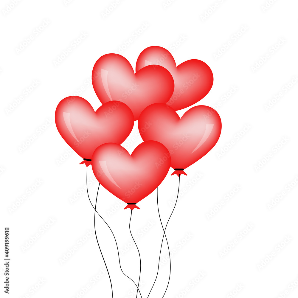 Red heat-shaped balloons isolated on white background. Holidays, birthday, valentines day and party decorations