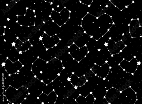 Starry vector seamless pattern with stars and heart-shaped constellations 