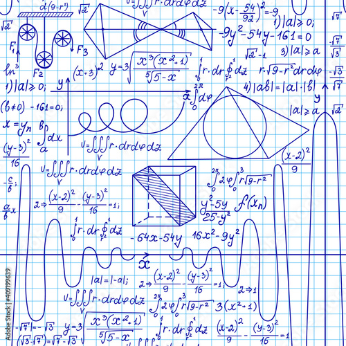 Math vector seamless pattern with handwritten formulas on a grid copybook background