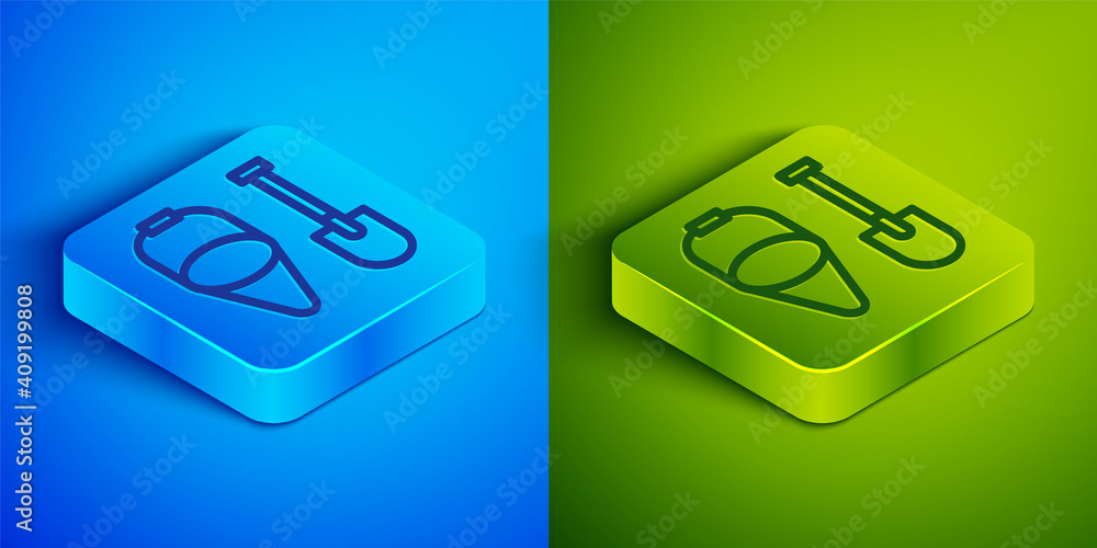 Isometric line Fire shovel and cone bucket icon isolated on blue and green background. Square button. Vector. Isometric line Fire shovel and cone bucket icon isolated on blue and green background. Square button. Vector.