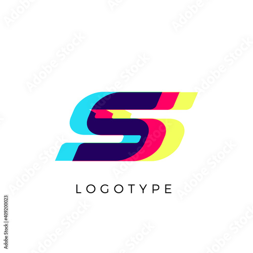 Glitch effect letter S, colored spectrum overlay effect. Vector slant symbol for cyber sport, racing, automotive and fashion branding. Vector typography design for logo and monogram