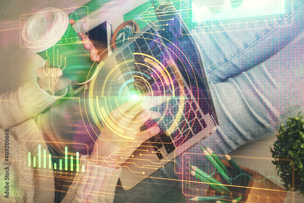 Naklejka premium Double exposure of woman hands working on computer and data theme hologram drawing. Tech concept.