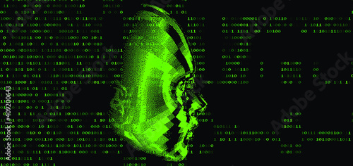 Low poly 3D head and binary code on dark background, human face structure made of pixels. Biometrics, Facial Recognition and Cyber Security concept.