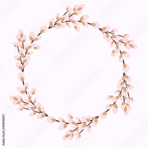Willow wreath. Round frame made of willow twigs.Easter wreath made of willow stalks.Design for postcards, printing.