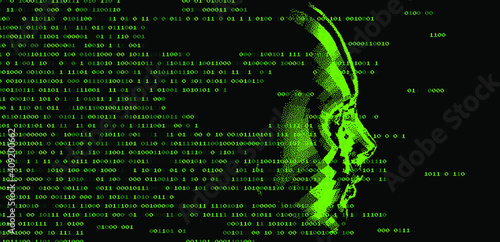 Low poly 3D head and binary code on dark background, human face structure made of pixels. Biometrics, Facial Recognition and Cyber Security concept.