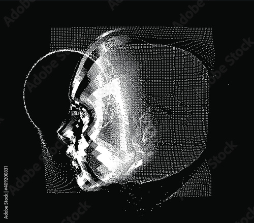 Human head made of the array of particles, pixelated and glitched portret of supreme artificial intelligence. Generative computer art.