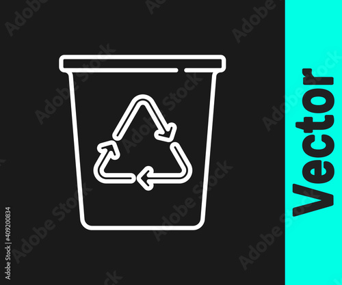 White line Recycle bin with recycle symbol icon isolated on black background. Trash can icon. Garbage bin sign. Recycle basket sign. Vector.