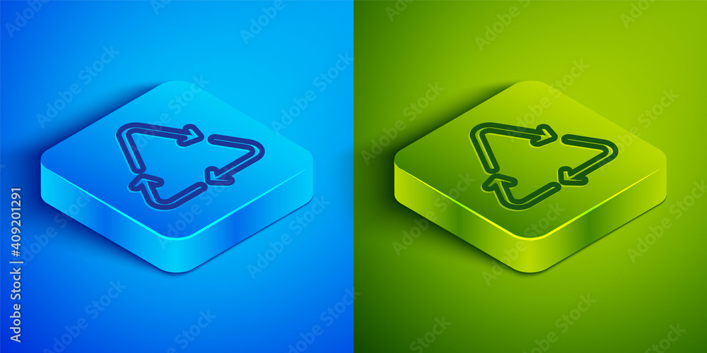 Isometric line Recycle symbol icon isolated on blue and green background. Circular arrow icon. Environment recyclable go green. Square button. Vector. Isometric line Recycle symbol icon isolated on blue and green background. Circular arrow icon. Environment recyclable go green. Square button. Vector.