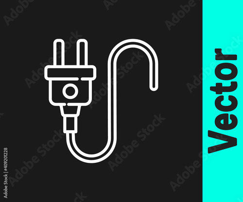 White line Electric plug icon isolated on black background. Concept of connection and disconnection of the electricity. Vector.