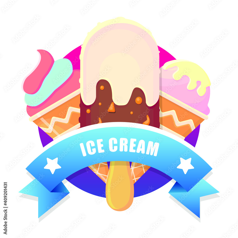 Ice cream illustration with delicious dessert and labeled ribbon on the gradient. Design template for advertising banner or poster with vanilla, chocolate, punch.
EPS 10. Ice cream illustration with delicious dessert and labeled ribbon on the gradient. Design template for advertising banner or poster with vanilla, chocolate, punch.
EPS 10.
