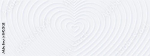3d white rippled hearts with soft shadow on light BG from center. Abstract elegant seamless pattern. Neumorphism ui style. Minimal embossed paper wallpaper. Horizontal background for romantic banner