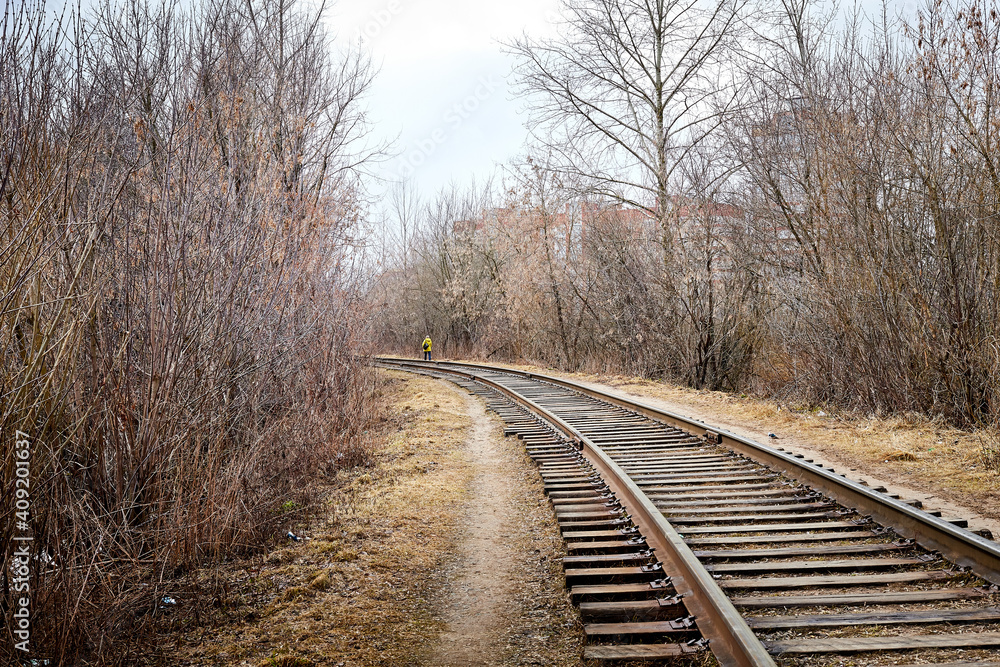 Railway among bare and bald trees on an autumn or spring day Railway among bare and bald trees on an autumn or spring day