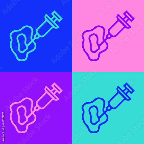 Pop art line GMO syringe icon isolated on color background. Genetically modified organism acronym. Dna food modification. Vector.