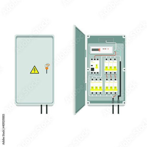 Fuse box. Electrical power switch panel. Electricity equipment. Vector.
EPS 10. photo