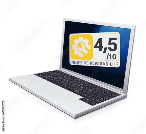 Ordinateur portable avec un indice de réparabilité moyen jaune et sa note (reflet)