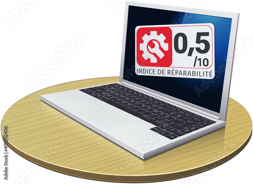 Ordinateur portable avec un très mauvais indice de réparabilité rouge et sa note (détouré)	