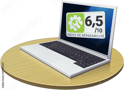 Ordinateur portable avec un bon indice de réparabilité vert clair et sa note (détouré)	