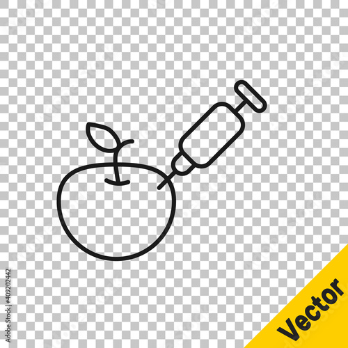 Black line Genetically modified apple icon isolated on transparent background. GMO fruit. Syringe being injected to apple. Vector.