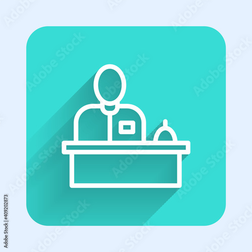White line Receptionist standing at hotel reception desk icon isolated with long shadow. Green square button. Vector.