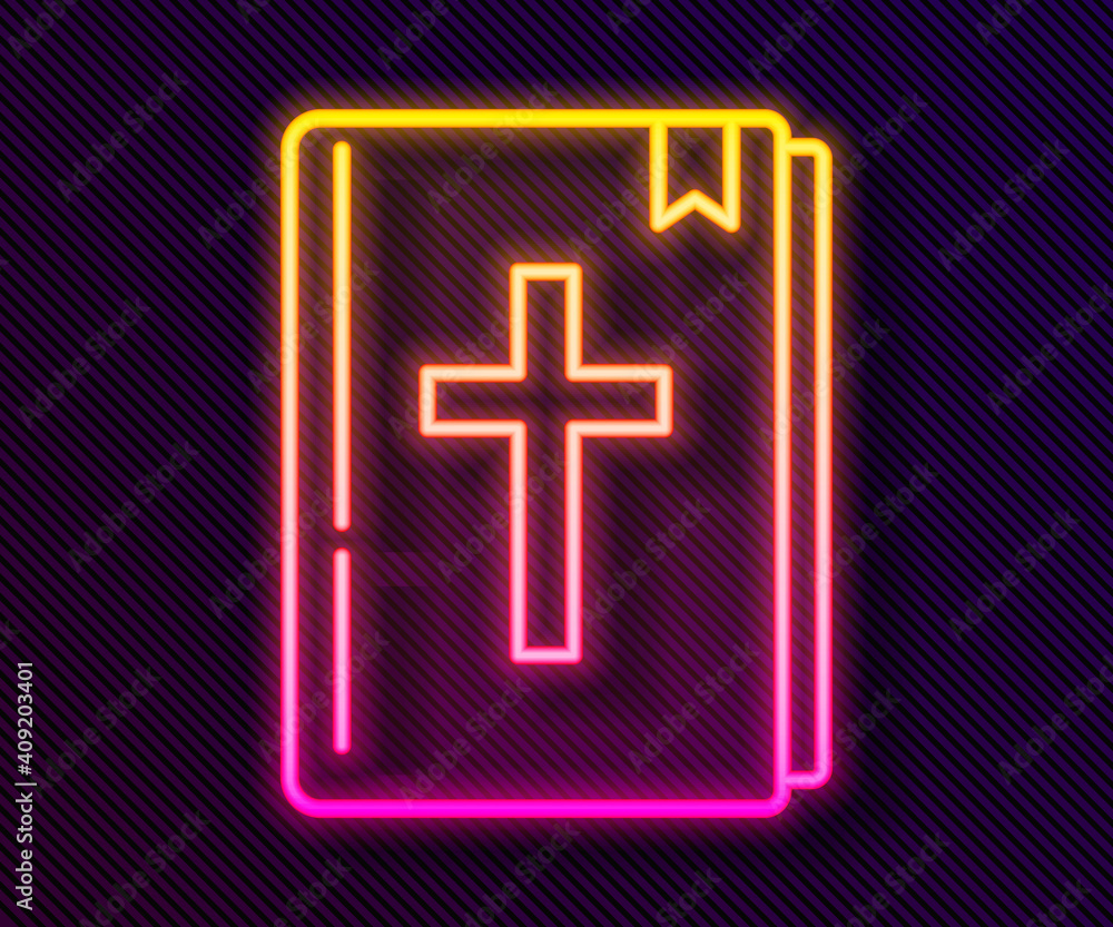 Glowing neon line Holy bible book icon isolated on black background. Vector. Glowing neon line Holy bible book icon isolated on black background. Vector.