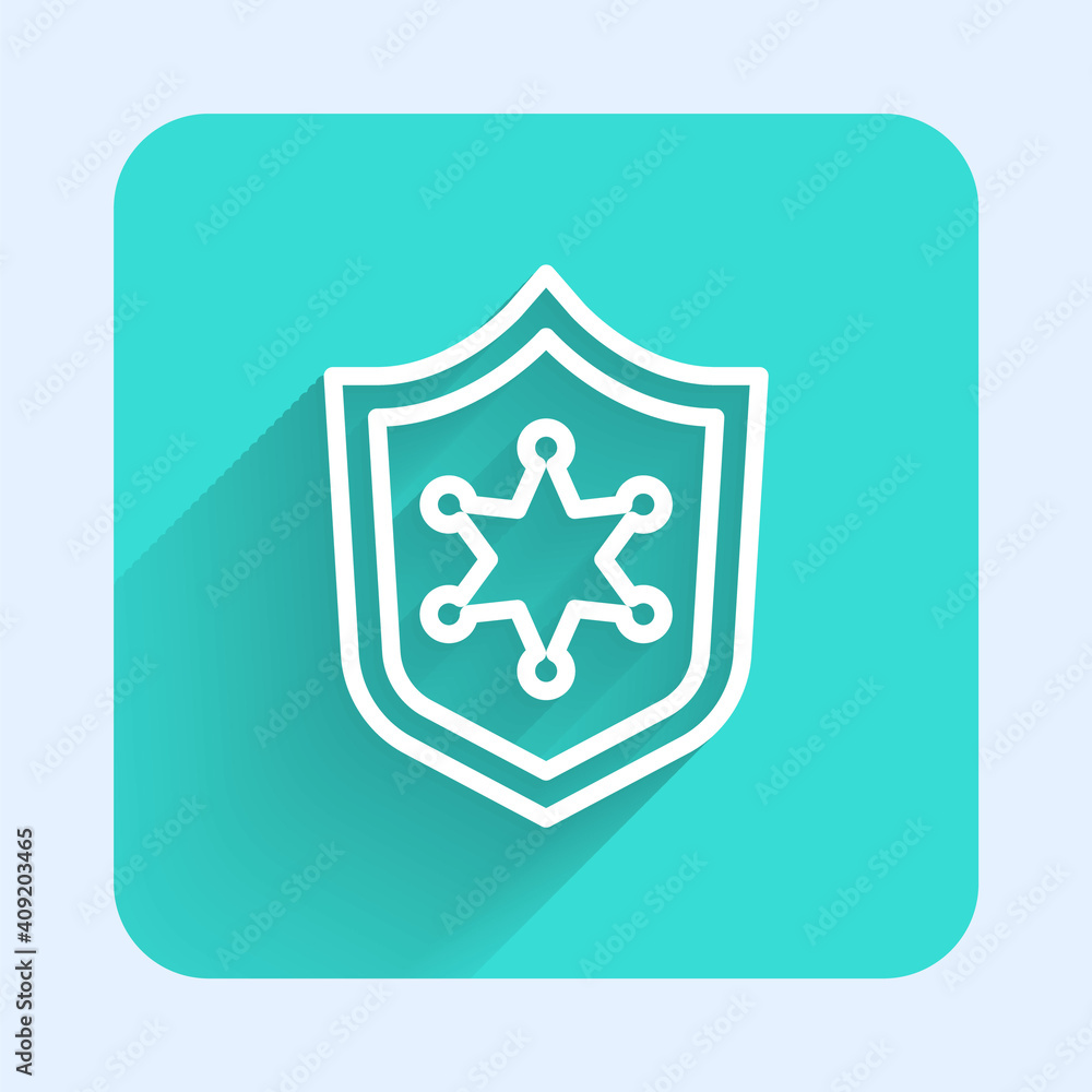 White line Police badge icon isolated with long shadow. Sheriff badge sign. Green square button. Vector.