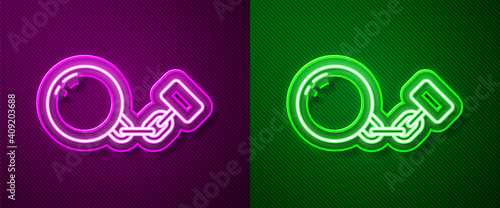 Glowing neon line Ball on chain icon isolated on purple and green background. Vector.