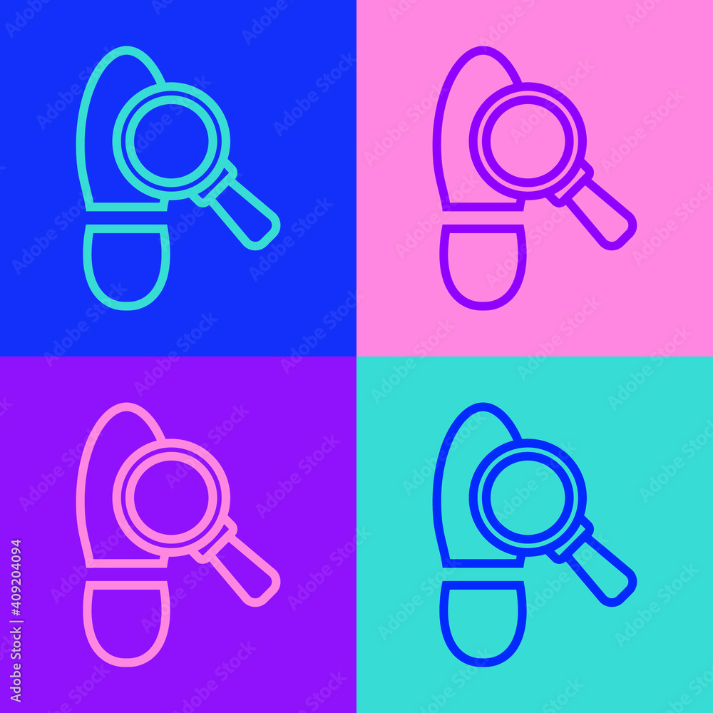 Pop art line Magnifying glass with footsteps icon isolated on color background. Detective is investigating. To follow in the footsteps. Vector. Pop art line Magnifying glass with footsteps icon isolated on color background. Detective is investigating. To follow in the footsteps. Vector.