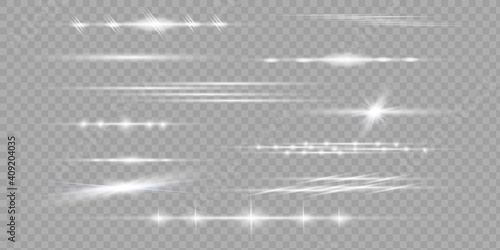 White horizontal lens flares pack. Laser beams, horizontal light rays. Beautiful light flares.