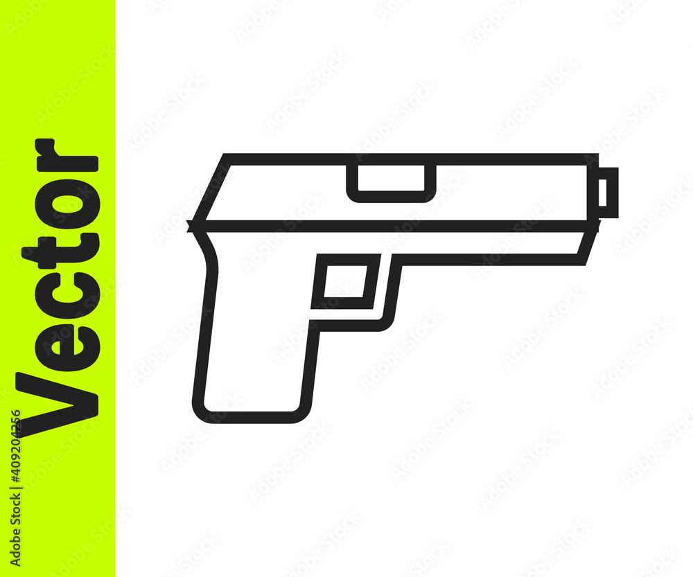 Black line Pistol or gun icon isolated on white background. Police or military handgun. Small firearm. Vector.