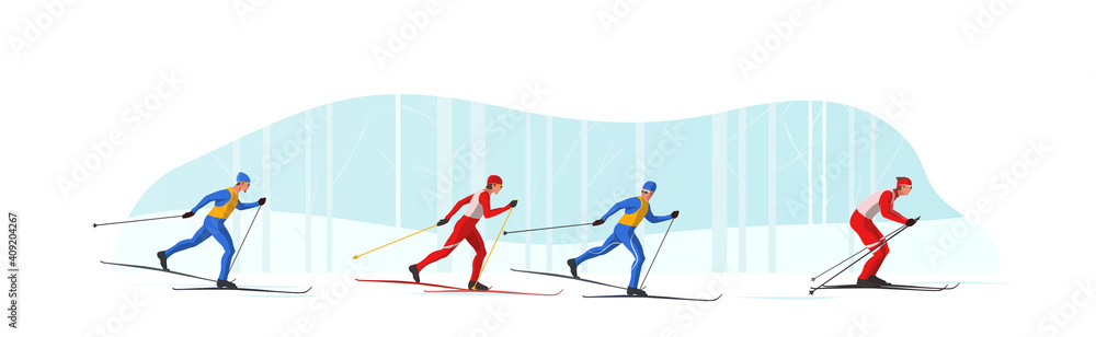 A skier in red sportswear is skiing using Ski poles and skis. Vector flat design illustration isolated on white background. Winter sports A skier in red sportswear is skiing using Ski poles and skis. Vector flat design illustration isolated on white background. Winter sports