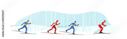 A skier in red sportswear is skiing using Ski poles and skis. Vector flat design illustration isolated on white background. Winter sports