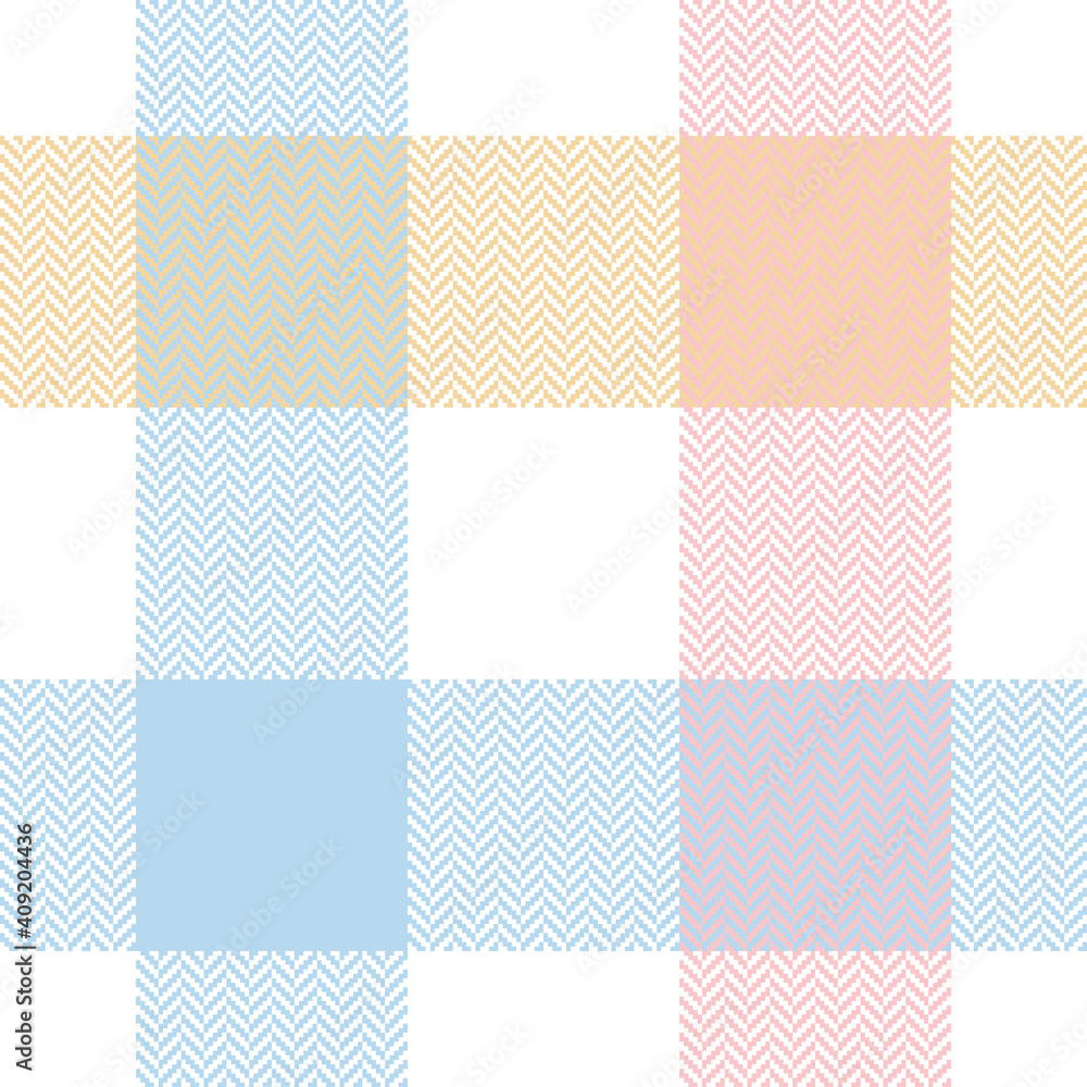 Buffalo plaid pattern in pastel blue, pink, yellow, white. Herrignbone textured seamless light tartan check plaid for flannel shirt, tablecloth, blanket, or other modern spring summer fabric design.