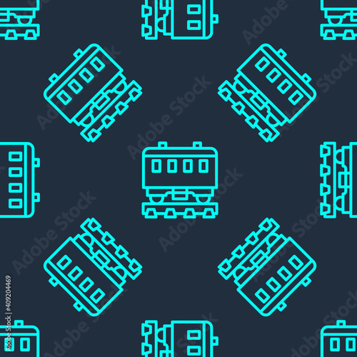 Green line Passenger train cars icon isolated seamless pattern on blue background. Railway carriage. Vector.