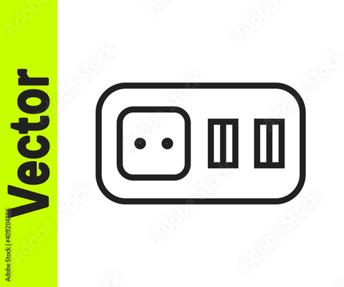 Black line Electrical outlet icon isolated on white background. Power socket. Rosette symbol. Vector.