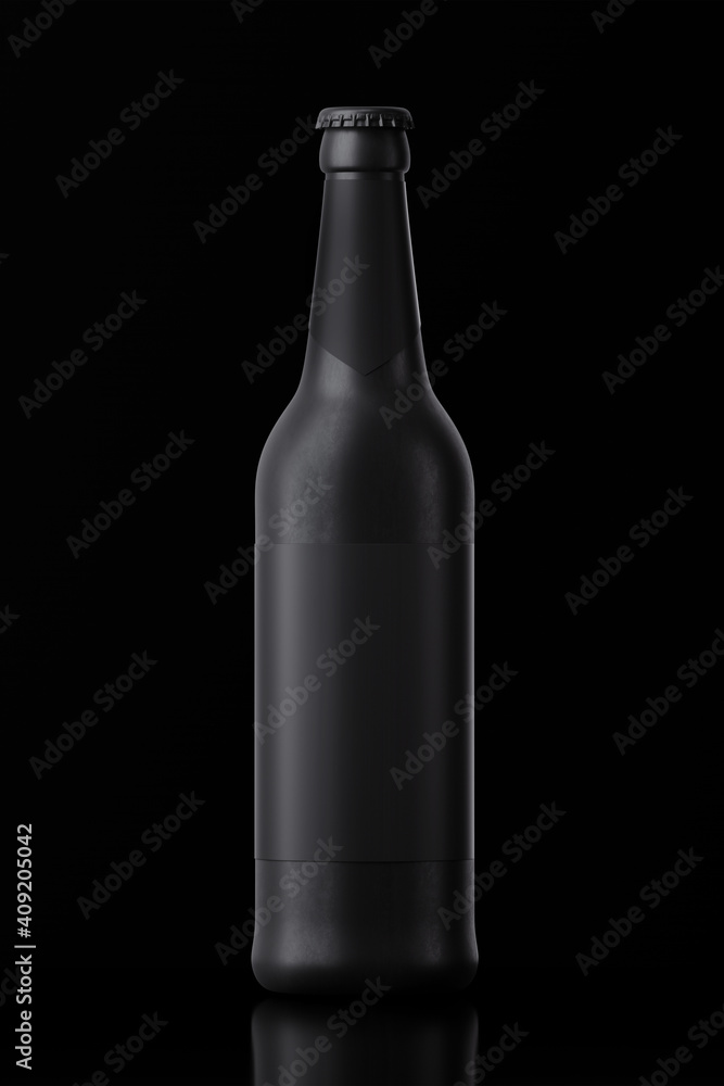 3D model of dark grey beer bottle with cap and label against black background. 3D model of dark grey beer bottle with cap and label against black background.