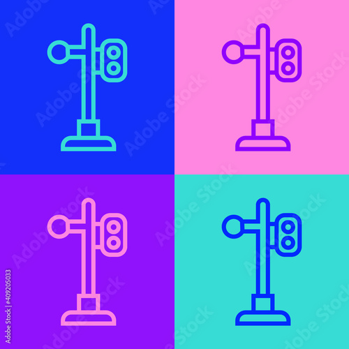 Pop art line Train traffic light icon isolated on color background. Traffic lights for the railway to regulate the movement of trains. Vector.
