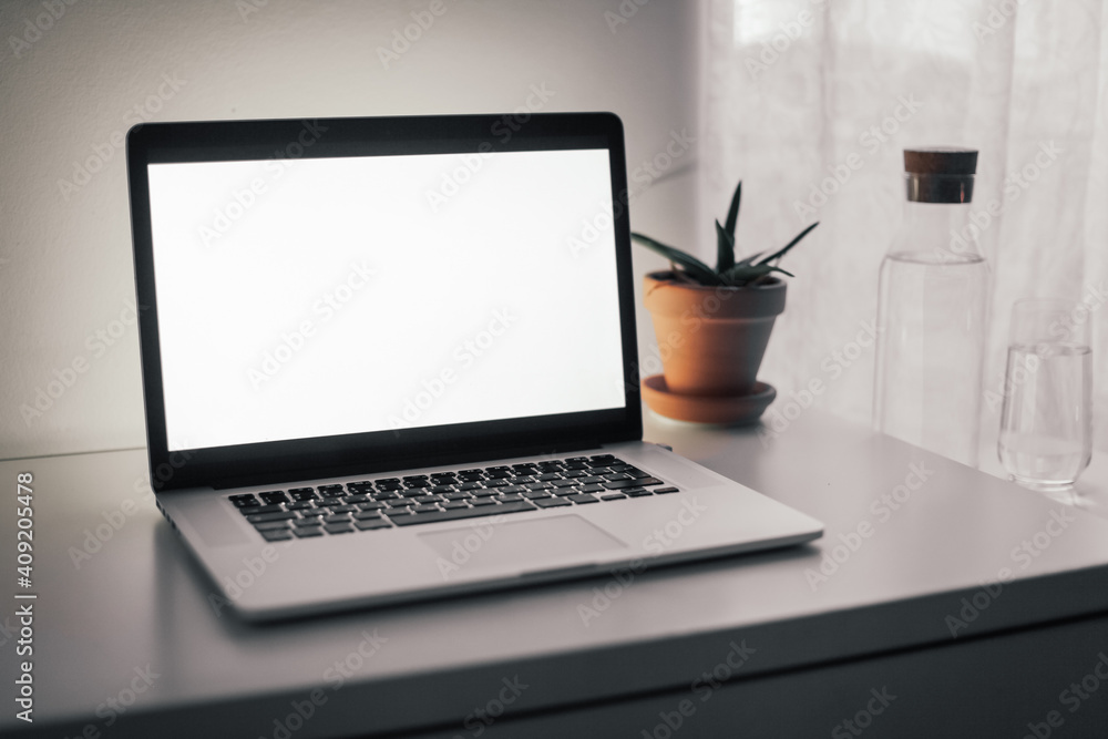 A laptop with white screen on a white table. An aloe plant, a glass of water on the background A laptop with white screen on a white table. An aloe plant, a glass of water on the background