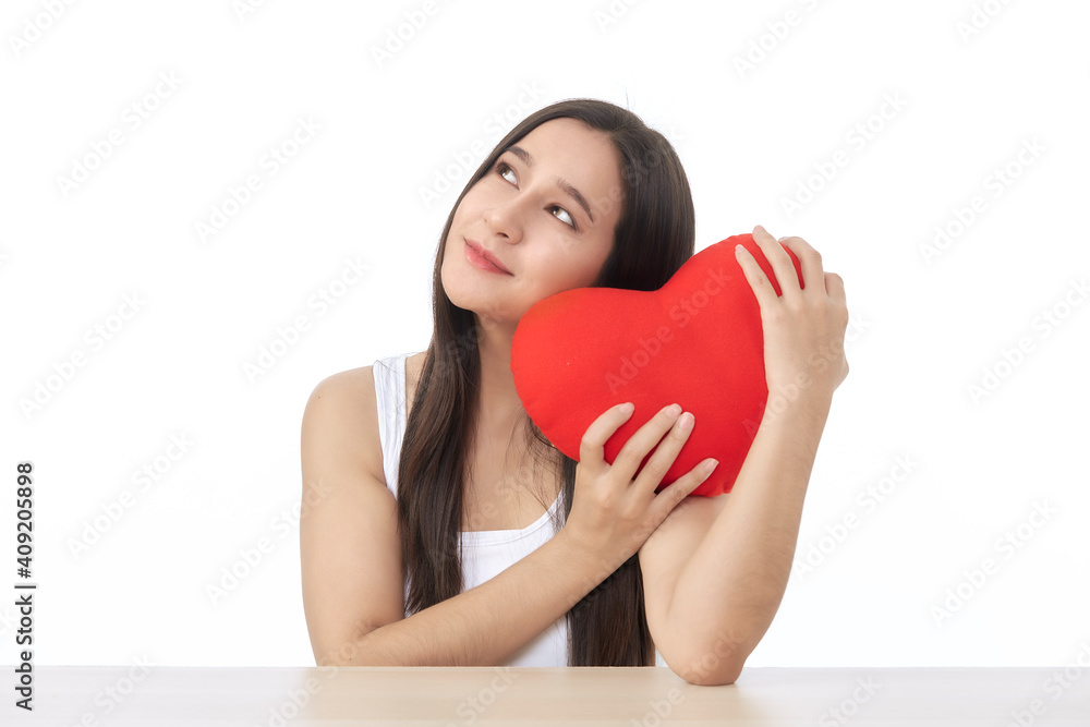 Womon brunette long hair holding red heart love Womon brunette long hair holding red heart love