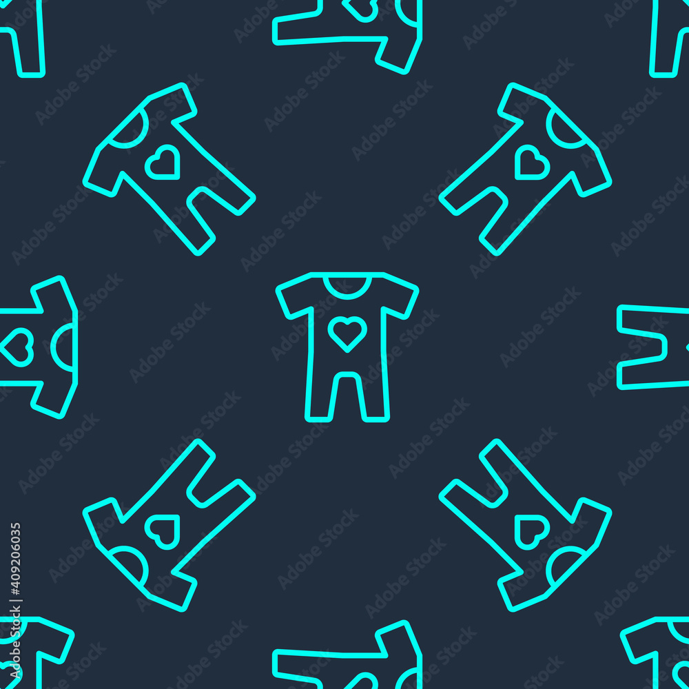 Green line Baby clothes icon isolated seamless pattern on blue background. Baby clothing for baby girl and boy. Baby bodysuit. Vector.
