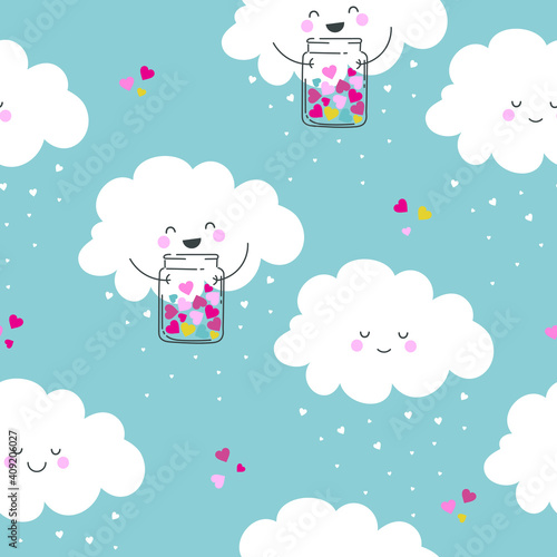 Seamless pattern with cute clouds. Kawaii clouds hold jars of hearts. Cartoon background. 