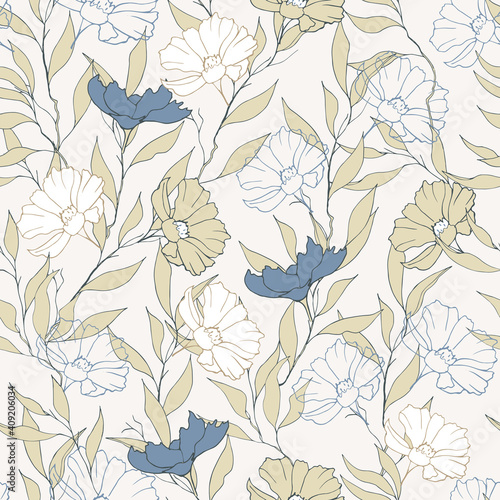 Gentle floral seamless print for fabric. Blue and beige flowers on a white background. Vintage style.