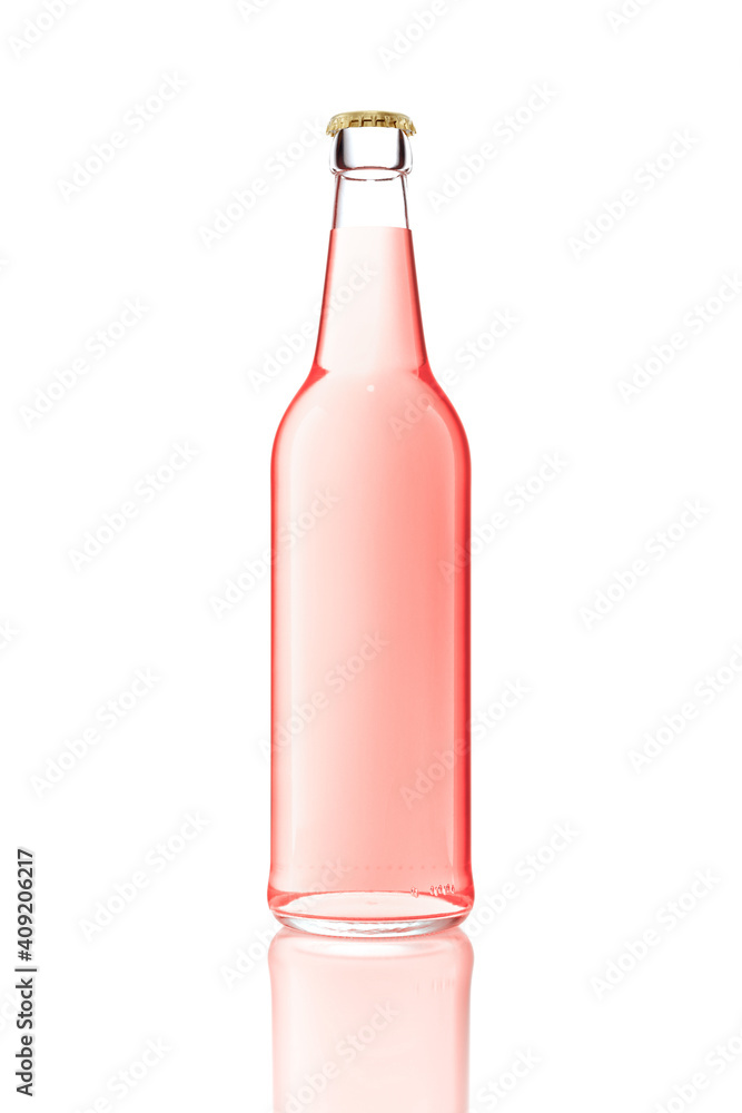 3d model of one transparent glass bottle without label. Pink drink in beer bottle isolated on white. 3d model of one transparent glass bottle without label. Pink drink in beer bottle isolated on white.