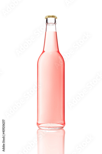 3d model of one transparent glass bottle without label. Pink drink in beer bottle isolated on white.
