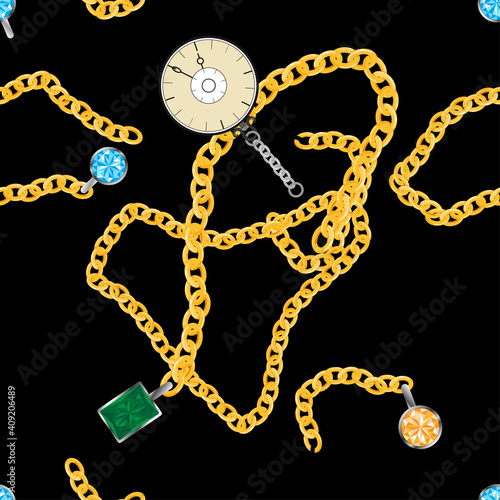 Seamless golden chain with vintage clock, gemstone, blue topaz, citrine and green sapphire on black background. Endless pattern with beautiful precious jewellery. Vintage luxury background concept