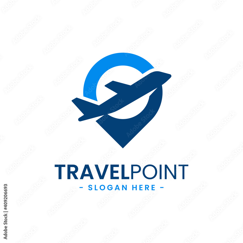 Travel point logo design template. Pin icon with airplane combination. Concept of holiday, tourism, trip, exploration, etc.