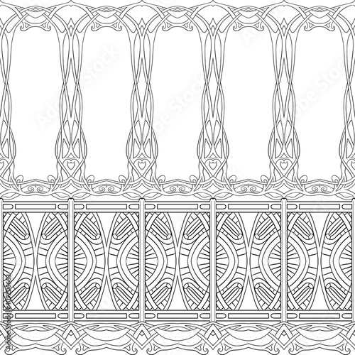 Seamless pattern, border. Wood carving imitation in art nouveau style, vintage, old, retro style. Outline vector illustration.