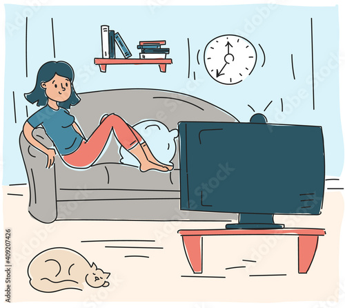 Woman watching TV show at home. Person sitting on the sofa at the television screen. Evening entertainment. Living room interior. Quarantine, stay home, stay healthy. Cat sleeping on the floor